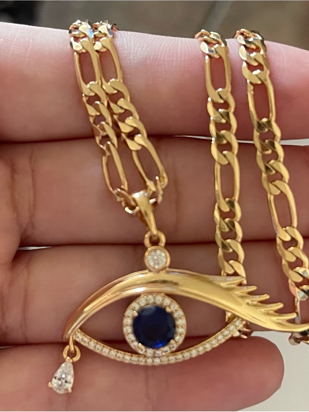 Gold Plated Eye Pendant Necklace with Blue Center Stone